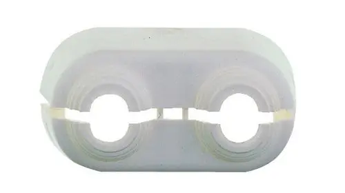 Doppelrosette für Verbindungselemente in Heizungsanlagen, hergestellt von IMI Hydronic Engineering, in Weiß, mit zwei runden Öffnungen für Rohranschlüsse.
